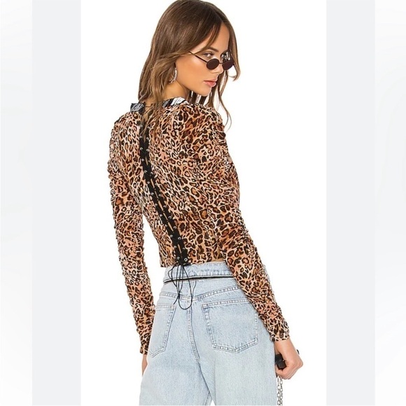 I.AM.GIA Long Sleeve Chelsea Leopard Corset Top XS Lace Up Back Ruched Sleeves - Picture 2 of 11